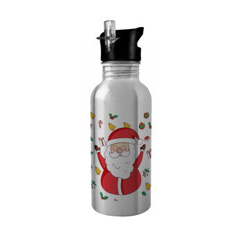 Santa Claus gifts, Παγούρι νερού Ασημένιο με καλαμάκι, ανοξείδωτο ατσάλι 600ml