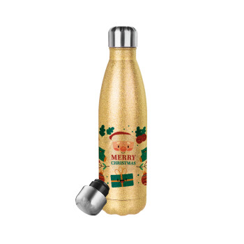 Άι Βασίλης, Glitter gold stainless steel thermos bottle, double-walled, 500ml