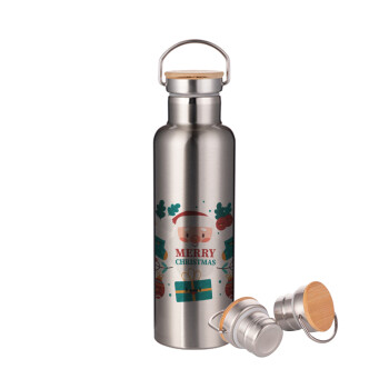 Άι Βασίλης, Stainless steel Silver with wooden lid (bamboo), double wall, 750ml