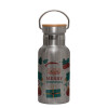 Stainless steel metallic thermos flask, silver with a bamboo lid, double-walled, 350ml.