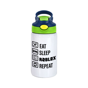 Eat, Sleep, Roblox, Repeat, Children's hot water bottle, stainless steel, with safety straw, green, blue (350ml)