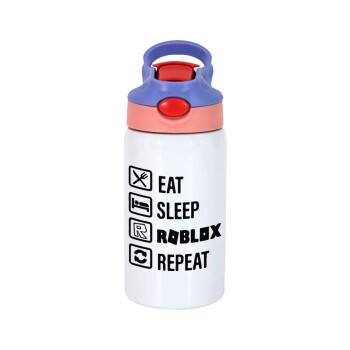 Eat, Sleep, Roblox, Repeat, Children's hot water bottle, stainless steel, with safety straw, pink/purple (350ml)