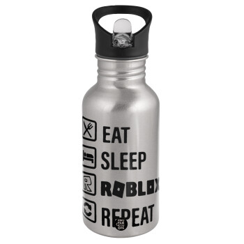Eat, Sleep, Roblox, Repeat, Water bottle Silver with straw, stainless steel 500ml