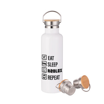 Eat, Sleep, Roblox, Repeat, Μεταλλικό παγούρι θερμός (Stainless steel) Λευκό με ξύλινο καπακι (bamboo), διπλού τοιχώματος, 750ml