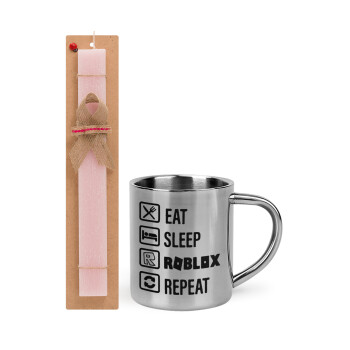 Eat, Sleep, Roblox, Repeat, Easter Set, metallic thermal cup (300ml) & aromatic flat Easter candle (30cm) (PINK)