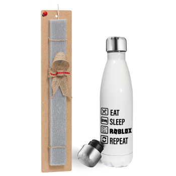 Eat, Sleep, Roblox, Repeat, Easter candle, metallic white thermos bottle (500ml) & aromatic flat candle (30cm) (GRAY)