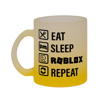 Eat, Sleep, Roblox, Repeat, Κούπα γυάλινη δίχρωμη με βάση το κίτρινο ματ, 330ml