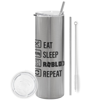 Eat, Sleep, Roblox, Repeat, Eco friendly stainless steel Silver tumbler 600ml, with metal straw & cleaning brush