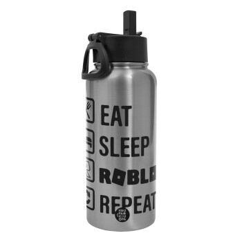 Eat, Sleep, Roblox, Repeat, Μεταλλικό παγούρι θερμός Silver με καλαμάκι και χερούλι (Stainless steel), διπλού τοιχώματος, 950ml