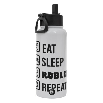 Eat, Sleep, Roblox, Repeat, Metal mug thermo White with Straw and Spout Lid (Stainless steel), double wall, 950ml