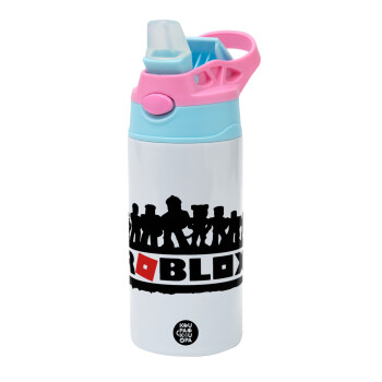 Roblox team, Children's hot water bottle, stainless steel, with safety straw, Pink/BlueCiel (360ml) BPA FREE