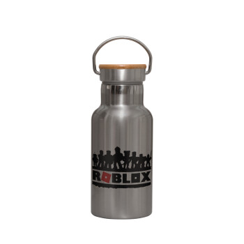 Roblox team, Stainless steel metallic thermos flask, silver with a bamboo lid, double-walled, 350ml.