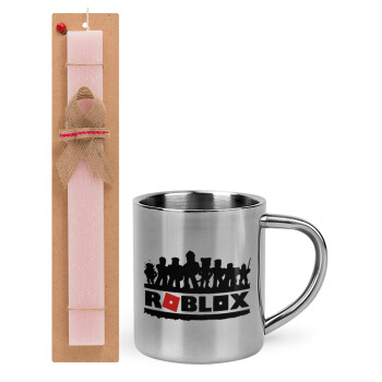 Roblox team, Easter Set, metallic thermal cup (300ml) & aromatic flat Easter candle (30cm) (PINK)