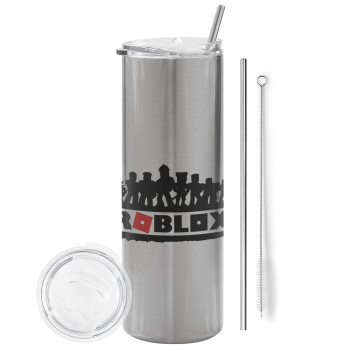 Roblox team, Eco friendly stainless steel Silver tumbler 600ml, with metal straw & cleaning brush
