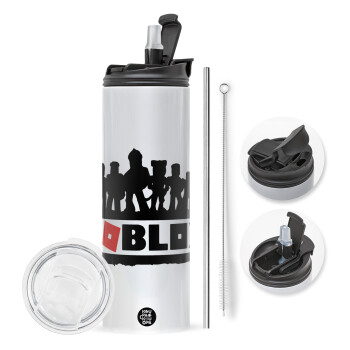 Roblox team, Travel Tumbler θερμό με διπλό καπάκι, μεταλλικό καλαμάκι και βούρτσα καθαρισμού (Ανωξείδωτο 304 Food grade, BPA free, 600ml)