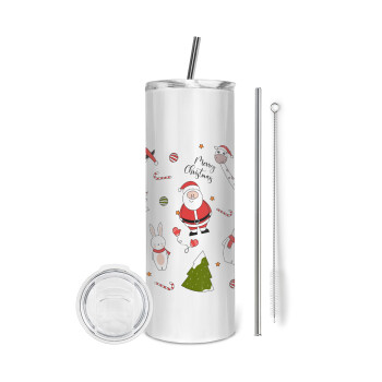 Άι Βασίλης μοτίβο, Eco friendly stainless steel tumbler 600ml, with metal straw & cleaning brush