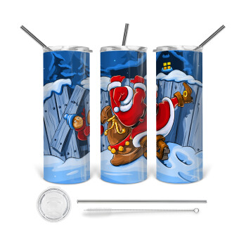 Santa Night, 360 Eco friendly ποτήρι θερμό (tumbler) από ανοξείδωτο ατσάλι 600ml, με μεταλλικό καλαμάκι & βούρτσα καθαρισμού