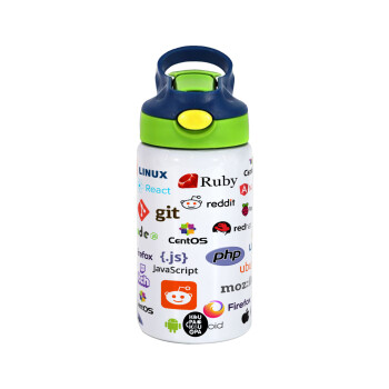 Tech logos, Children's hot water bottle, stainless steel, with safety straw, green, blue (350ml)