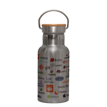 Tech logos, Stainless steel metallic thermos flask, silver with a bamboo lid, double-walled, 350ml.