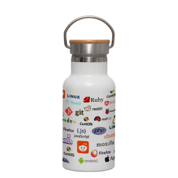 Tech logos, Metallic thermos (Stainless steel) White with wooden lid (bamboo), double-walled, 350ml