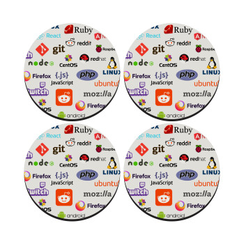 Tech logos, SET of 4 round wooden coasters (9cm)