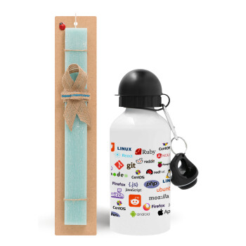 Tech logos, Easter Set, metallic aluminum water bottle (500ml) & scented flat candle (30cm) (TURQUOISE)