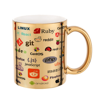 Tech logos, Mug ceramic, gold mirror, 330ml