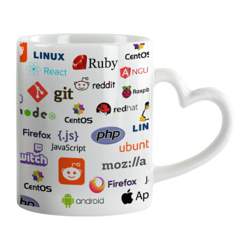 Tech logos, Mug heart handle, ceramic, 330ml