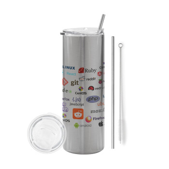 Tech logos, Eco friendly stainless steel Silver tumbler 600ml, with metal straw & cleaning brush