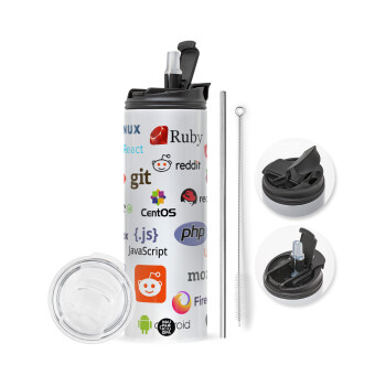 Tech logos, Travel Tumbler 2 Lids, with metal straw & cleaning brush (Stainless steel 304 Food grade, BPA free, 600ml)