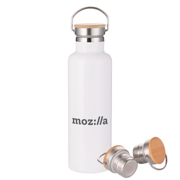 moz:lla, Μεταλλικό παγούρι θερμός (Stainless steel) Λευκό με ξύλινο καπακι (bamboo), διπλού τοιχώματος, 750ml