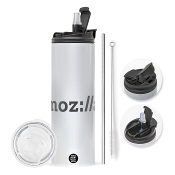 moz:lla, Travel Tumbler θερμό με διπλό καπάκι, μεταλλικό καλαμάκι και βούρτσα καθαρισμού (Ανωξείδωτο 304 Food grade, BPA free, 600ml)