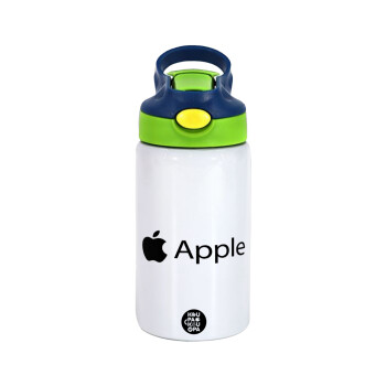 apple, Children's hot water bottle, stainless steel, with safety straw, green, blue (350ml)