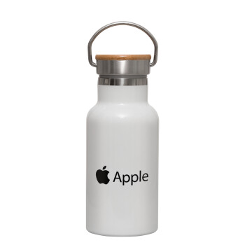 apple, Μεταλλικό παγούρι θερμός (Stainless steel) Λευκό με ξύλινο καπακι (bamboo), διπλού τοιχώματος, 350ml