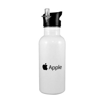 apple, White water bottle with straw, stainless steel 600ml