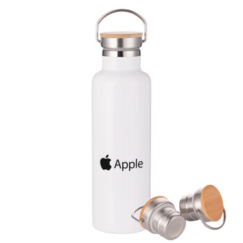 apple, Μεταλλικό παγούρι θερμός (Stainless steel) Λευκό με ξύλινο καπακι (bamboo), διπλού τοιχώματος, 750ml