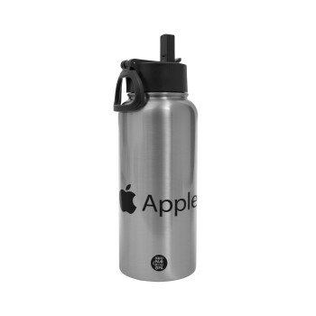 apple, Metal mug thermo Silver with Straw and Spout Lid (Stainless steel), double wall, 950ml