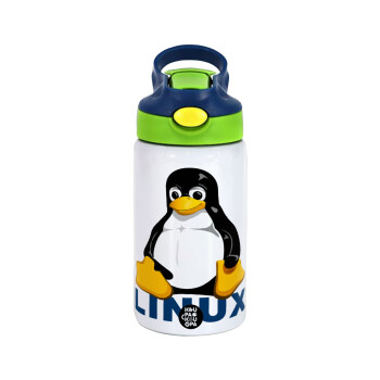 Linux, Children's hot water bottle, stainless steel, with safety straw, green, blue (350ml)