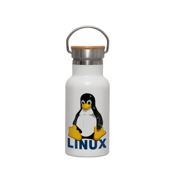 Linux, Metallic thermos (Stainless steel) White with wooden lid (bamboo), double-walled, 350ml