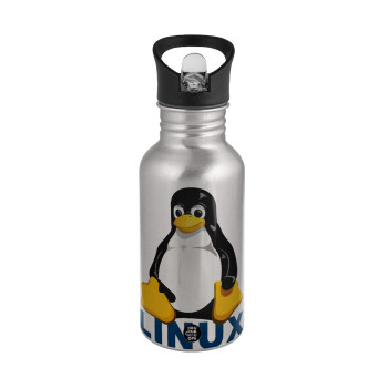 Linux, Water bottle Silver with straw, stainless steel 500ml