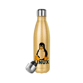 Linux, Glitter gold stainless steel thermos bottle, double-walled, 500ml