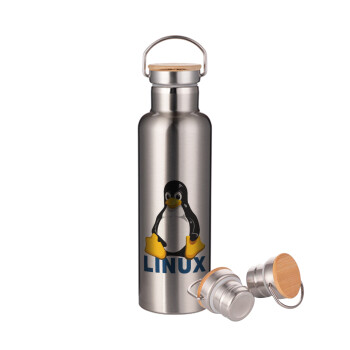 Linux, Μεταλλικό παγούρι θερμός (Stainless steel) Ασημένιο με ξύλινο καπακι (bamboo), διπλού τοιχώματος, 750ml