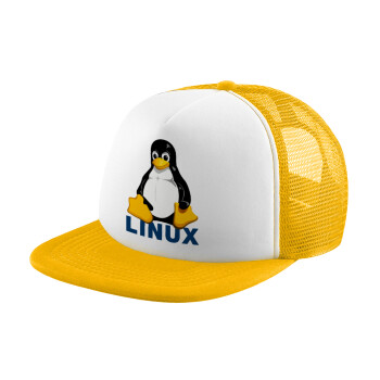 Linux, Adult Soft Trucker Hat with Yellow/White Mesh (POLYESTER, ADULT, UNISEX, ONE SIZE)