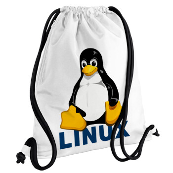 Linux, Τσάντα πλάτης πουγκί GYMBAG λευκή, με τσέπη (40x48cm) & χονδρά κορδόνια