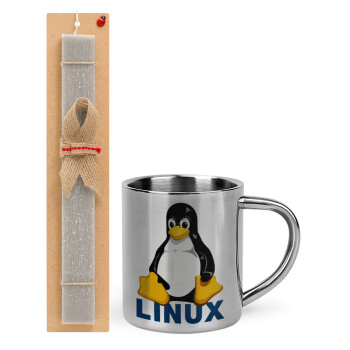 Linux, Easter Set, metallic thermal cup (300ml) & Easter aromatic flat candle (30cm) (GRAY)