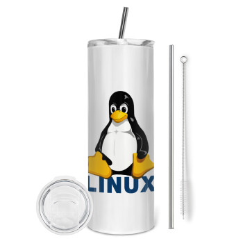 Linux, Tumbler ποτήρι θερμό από ανοξείδωτο ατσάλι 600ml, με μεταλλικό καλαμάκι & βούρτσα καθαρισμού