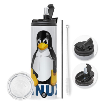 Linux, Travel Tumbler θερμό με διπλό καπάκι, μεταλλικό καλαμάκι και βούρτσα καθαρισμού (Ανωξείδωτο 304 Food grade, BPA free, 600ml)