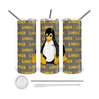 Linux, Tumbler ποτήρι θερμό από ανοξείδωτο ατσάλι 600ml, με μεταλλικό καλαμάκι & βούρτσα καθαρισμού