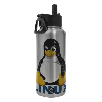 Linux, Metal mug thermo Silver with Straw and Spout Lid (Stainless steel), double wall, 950ml