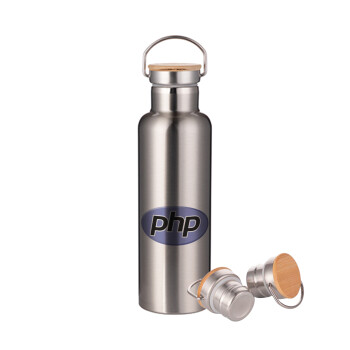 PHP, Μεταλλικό παγούρι θερμός (Stainless steel) Ασημένιο με ξύλινο καπακι (bamboo), διπλού τοιχώματος, 750ml